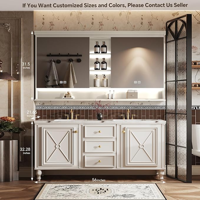 Double Sink Bathroom Vanity, Luxurious Bathroom Vanity with LED Smart Defog Mirror, Solid Freestanding Wood Vanity Sink Cabinet