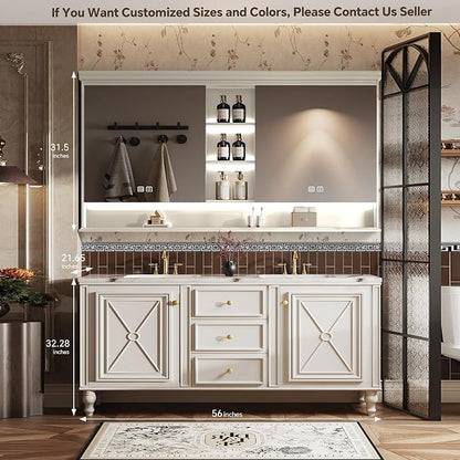 Double Sink Bathroom Vanity, Luxurious Bathroom Vanity with LED Smart Defog Mirror, Solid Freestanding Wood Vanity Sink Cabinet