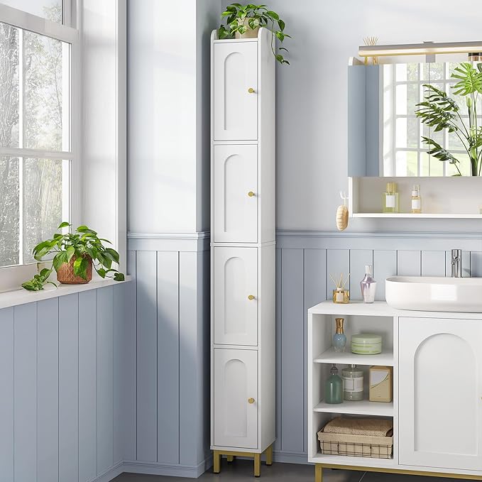 Hzuaneri 4-Tier Narrow Tall Storage Cabinet | Slim Bathroom Storage Cabinet with 4 Adjustable Feet and Shelves, for Living Room, Laundry Room, White, 7.9"Dx7.9"Wx70.9"H