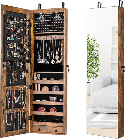 LOKO Mirrored Jewelry Armoire, Wall/Door Mounted Jewelry Cabinet with Full-Length Mirror, Lockable Jewelry Storage Organizer with 2 Drawers & 2 LED Lights, for Girls Women Gift Bedroom (Rustic Brown)