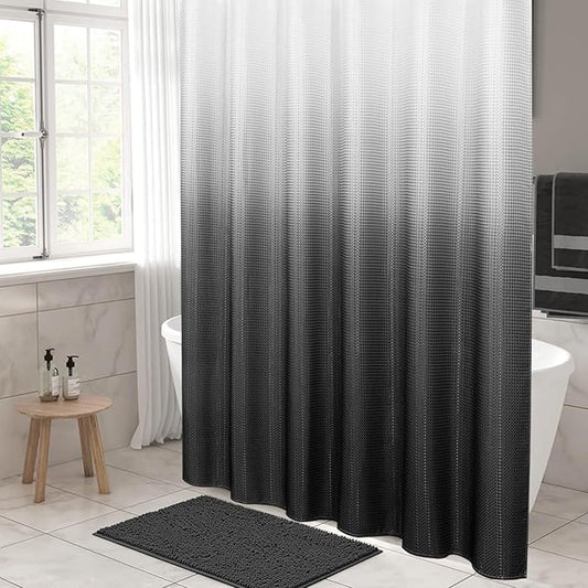 MitoVilla Black White Waffle Small Stall Shower Curtain 36 x 72, Half Size Fabric Narrow Shower Curtains for Bathroom Decor, 36 inch Weighted Shower Curtain Set with Plastic Hooks, Black Ombre