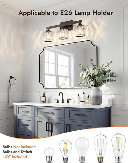 VOLISUN Crystal Vanity Lights for Bathroom, 3 Light Bathroom Vanity Light, Modern Matte Black Bathrooms Light Over Mirror, Black Bathrooms Lights Fixtures-UL Certificated(Exclude Bulb)