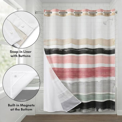 Americanflat 72x75 Hookless Shower Curtain - Water-Resistant Stripe Shower Curtain with Sheer Panel, Snap-In Liner, and Grommets - 100% Polyester - Blush Pink, Black, Sage Green, White, Grey and Cream