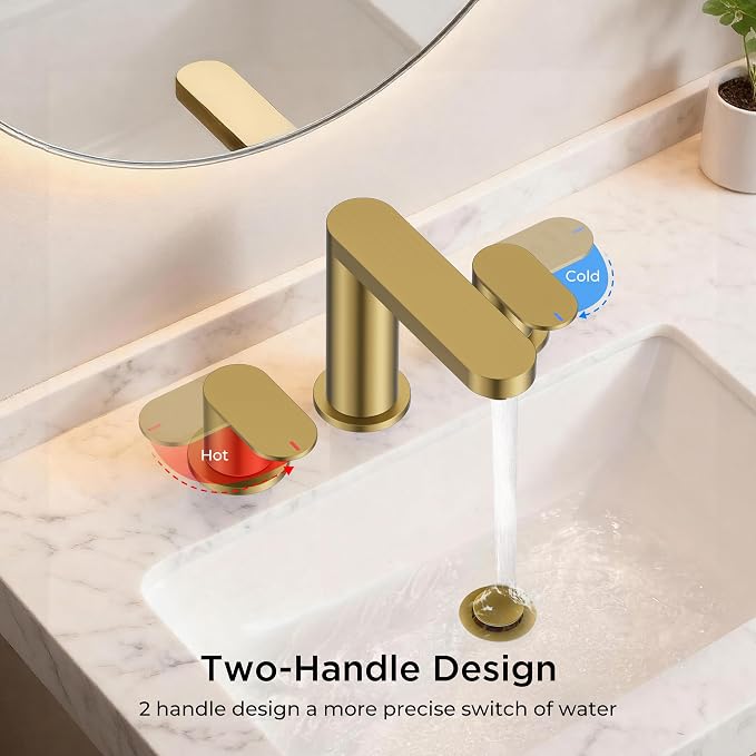 QFN Bathroom Faucet 3 Hole 8" Widespread Vanity Sink Faucet Brushed Gold | 304 Stainless Steel Bathroom Sink Faucet with Pop-up Drain, 6-12 Inch 3 Hole Install, for RV Laundry Farmhouse Restroom Sink