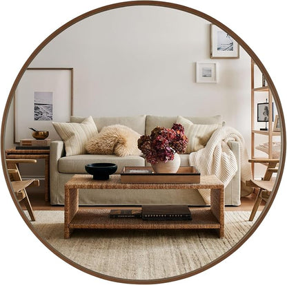 Round Wood Mirror, 40" Round Modern Decoration Large Circle Wall Mirror for Bathroom Living Room Bedroom Entryway, Walnut