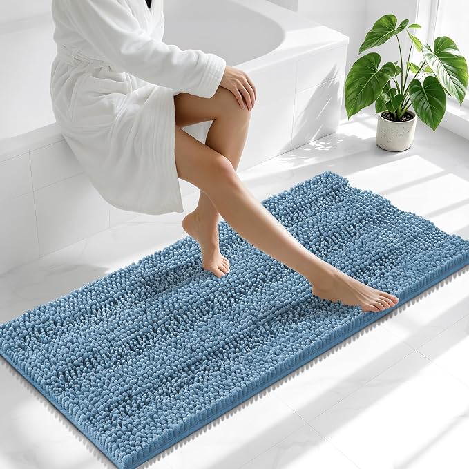 Smiry Thick Chenille Bathroom Runner Rugs 47x20, Soft Bath Mat, Airy Blue | Quick‑Dry & Machine Washable, Non‑Slip Bath Carpet, Striped Bath Rugs for Tub & Shower, Modern Home Decor Accessories