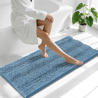 Smiry Thick Chenille Bathroom Runner Rugs 47x20, Soft Bath Mat, Airy Blue | Quick‑Dry & Machine Washable, Non‑Slip Bath Carpet, Striped Bath Rugs for Tub & Shower, Modern Home Decor Accessories