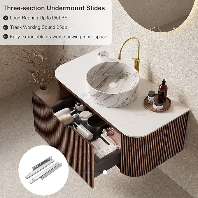 36" Floating Bathroom Vanity with Sink, Wall-Mount Modern Bathroom Cabinet with Ultra-Thin Ceramic Basin and Marble Top, Large Storage Drawer, Soft-Close Design, Dark Walnut