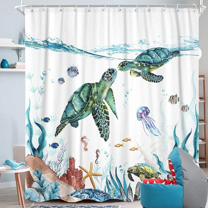 Fowocu Sea Turtle Extra Long Shower Curtain Teal Blue Ocean Waterproof Fabric Shower Curtains for Bathroom with Funny Animal Octopus Starfish Anchor Fish Nautical Bath Curtain Decor (Teal, 72''×78'')