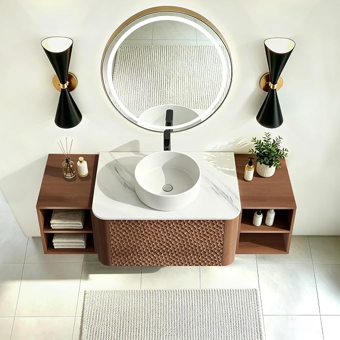 54 Inch Modern Bathroom Vanity with Ceramic Sink, Floating Bathroom Sink Cabinet with Sintered Stone Top&Solid Wood Hammered Frame, Single Bathroom Vanities w/Soft-Close Drawer&2 Side Open Cube