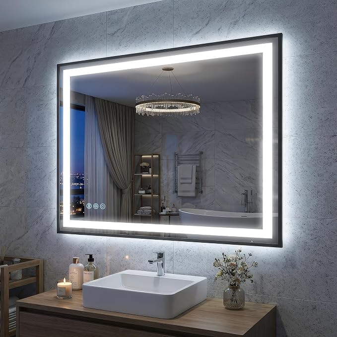 Antok 40X32 LED Bathroom Mirror with Lights, Vanity Mirror for Wall with Black Frame, Touch Control, Anti-Fog, Dimmable Lights, Shatter-Proof, Memory Function, Wall-Mounted Vanity Mirrors