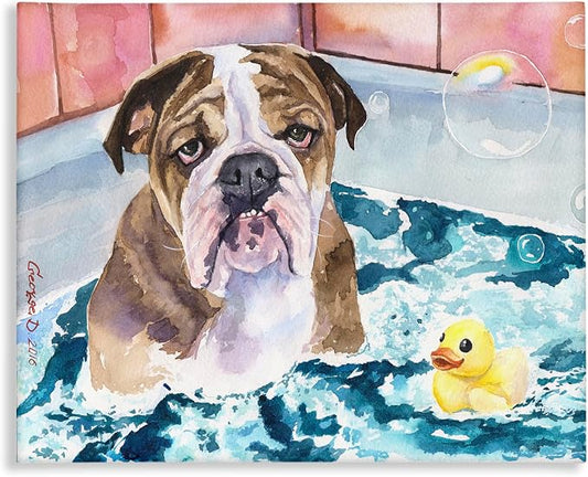 'English Bulldog In Bathtub Rubber Duck Bubbles'| Canvas Art | Stupell Industries | 20 x 16 Inches, Easy to Hang and Sturdy, Made in USA, by George Dyachenko