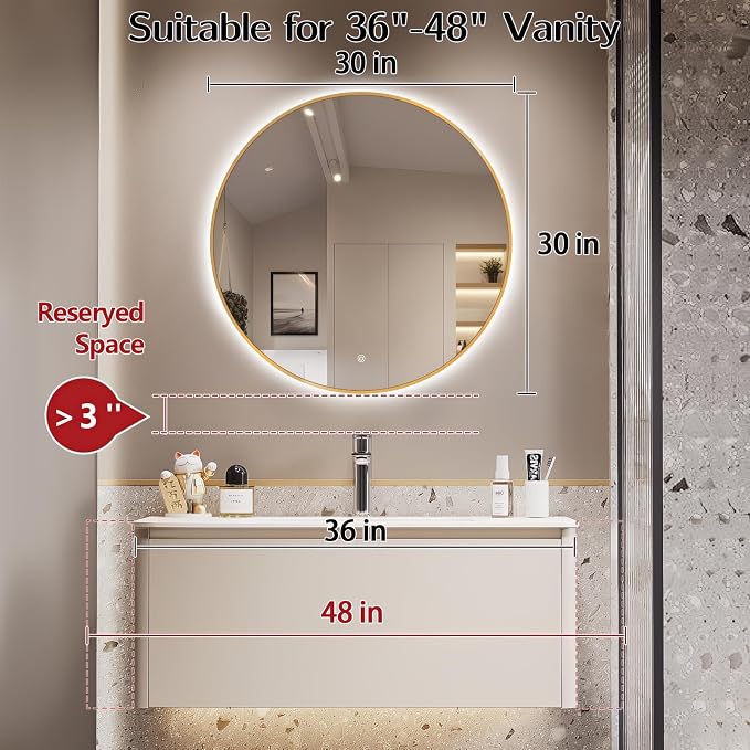 Niccy Round LED Bathroom Mirrors, Gold Framed Backlit Vanity Mirror, 30" | LED Smart Circle Mirror with 3 Color Lighting, Anti-Fog Lighted, IP65 Waterproof, Wall Mounted Bathroom Vanity