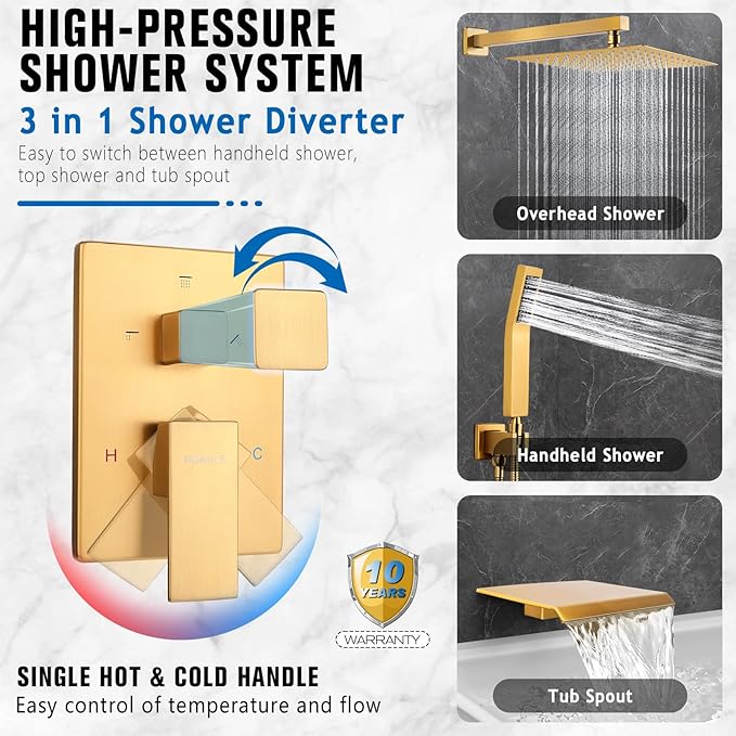 10 Inch Rainfall Shower System with Tub Spout - Wall Mounted Complete Combo with Solid Brass Pressure Balancing Valve, High Pressure Shower Head, Handle Set & Installation Accessories Brushed Gold