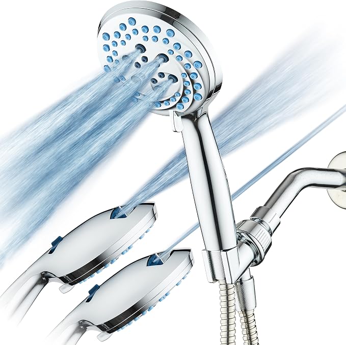 AquaCare New 8-mode High Pressure Handheld Shower Head w/ 2-way Power Wash | Stay Clean Nozzles, Dual Power Wash for Tub, Tile & Pets, Long 6 ft. Stainless Steel Hose, Wall & Overhead Brackets / Chrome
