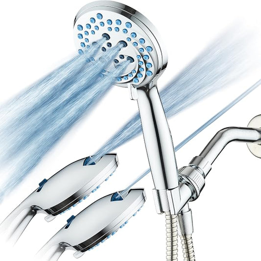 AquaCare New 8-mode High Pressure Handheld Shower Head w/ 2-way Power Wash | Stay Clean Nozzles, Dual Power Wash for Tub, Tile & Pets, Long 6 ft. Stainless Steel Hose, Wall & Overhead Brackets / Chrome