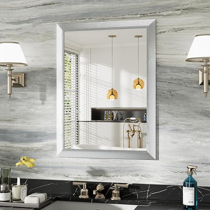 24x32 Inch Brushed Silver Bathroom Mirror for Wall, Thick Metal Framed Rectangle Mirrors for Over Sink, Bedroom, Living Room, Entryway, Anti-Rust, HD Tempered Glass