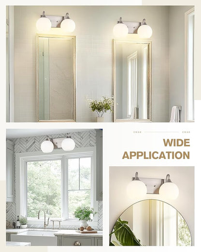 Emak Globe Bathroom Light Fixtures, Brushed Nickel Vanity Lights with Milk Glass Shade, Modern 2-Light Bathroom Vanity Lights Over Mirror, VL118-BN-ML-2