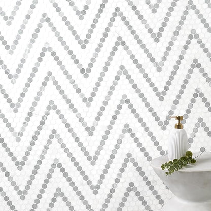 MSI Bianco Dolomite Sazi 11 in. x 14 in. Polished Marble Hexagon Wall Tile and Floor Tile for Kitchen Backsplash, Wall Tile for Bathroom, Shower Wall Tile, Mesh Mounted Mosaic Tile