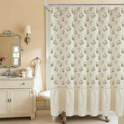 ORTIGIA Linen Textured Ruffle Shower Curtain 72x72 Inch with Metal Hooks, Vintage Blue Green Floral Flowers Block Print Boho Waterproof Bath Curtain for Rustic Farmhouse Bathroom Decor