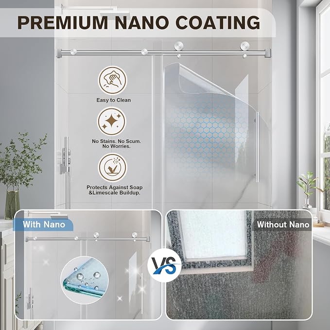 55-60" W x 60" H Frameless Bathtub Shower Door Brushed Nickel | 1/4''(6mm) SGCC Tempered Glass,Explosion Proof Film,Nano Coating,Customizable width,Reversible installation,Easy to Clean