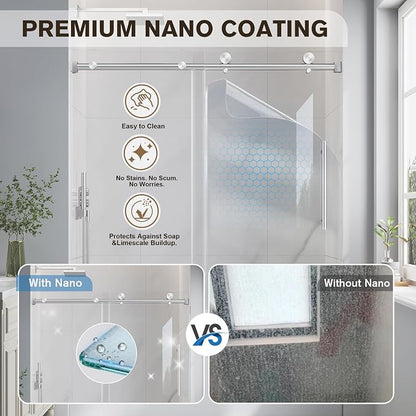 55-60" W x 60" H Frameless Bathtub Shower Door Brushed Nickel | 1/4''(6mm) SGCC Tempered Glass,Explosion Proof Film,Nano Coating,Customizable width,Reversible installation,Easy to Clean