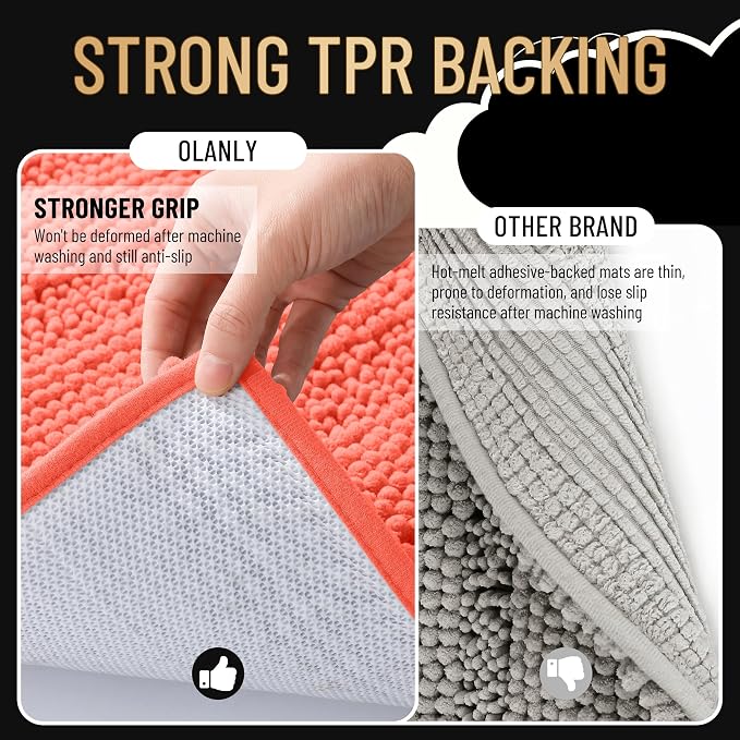 OLANLY Thick Small Bathroom Rugs 24x16, Soft Chenille Bath Rugs, Coral | Rubber Backing, Machine Wash, Extra Absorbent Striped Bath Mats for Bathroom Floor, Tub and Shower, Home Decor Accessories