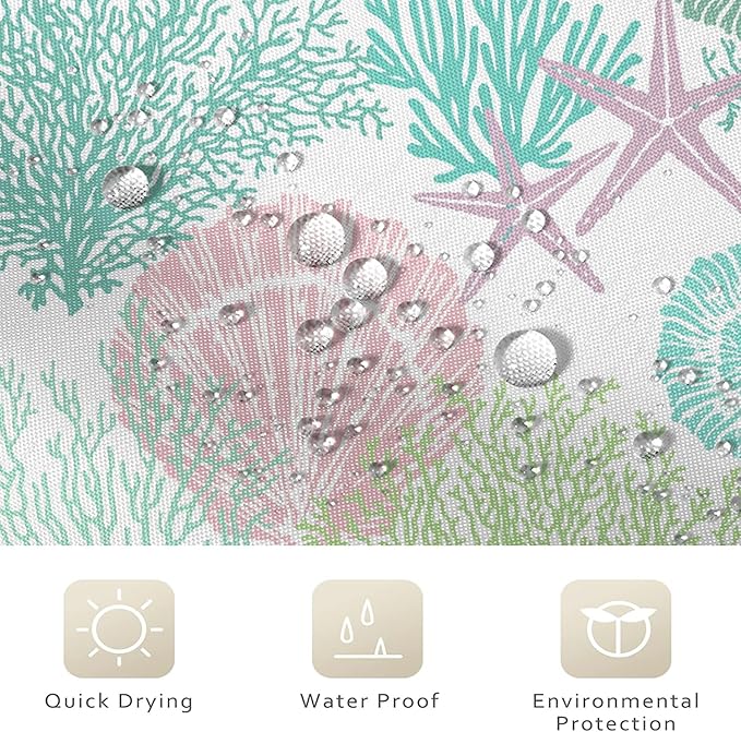 Nautical Coastal Shower Curtain, Pink Green Purple Ocean Beach Seashell Starfish Themed Bathroom Curtain Waterproof Fabric Machine Washable with Hooks, 72" Wx96 L