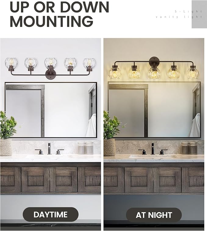 zeyu 38.5-Inch 5-Light Vanity Lights for Bathroom Fixture, ZS62BG-5W ORB-WG | Bathroom Lighting Fixtures Over Mirror, Water Ripple Globe Glass, Up Or Down Mount, Hardwired, 5 E26 Bulbs Up To 60W Each