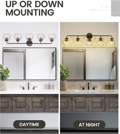 zeyu 38.5-Inch 5-Light Vanity Lights for Bathroom Fixture, ZS62BG-5W ORB-WG | Bathroom Lighting Fixtures Over Mirror, Water Ripple Globe Glass, Up Or Down Mount, Hardwired, 5 E26 Bulbs Up To 60W Each