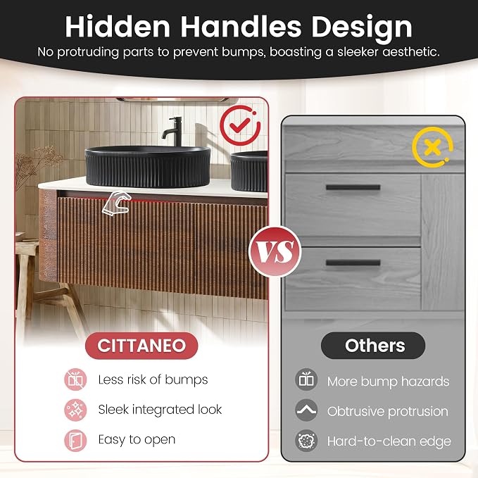 60" Floating Bathroom Vanity with Double Black Sink, Walnut | Pre-Assembled Fluted Wall Mounted Double Sink Vanity with Sintered Stone Countertop, Soft-Close Drawers & Towel Rack