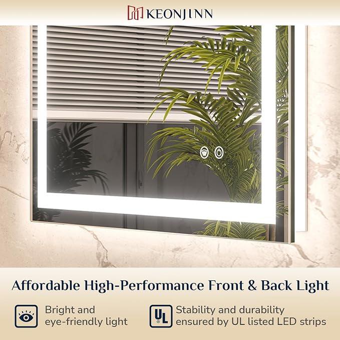 Keonjinn 72x36 Inch LED Bathroom Mirror with Lights, Frontlit & Backlit | HD Tempered Grass, 3-Color Temperature & Stepless Dimmable Lighting, Fast & Safe Defogging, Effortless Installation