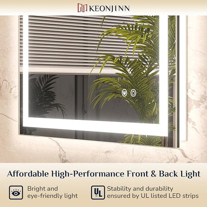 Keonjinn 72x36 Inch LED Bathroom Mirror with Lights, Frontlit & Backlit | HD Tempered Grass, 3-Color Temperature & Stepless Dimmable Lighting, Fast & Safe Defogging, Effortless Installation