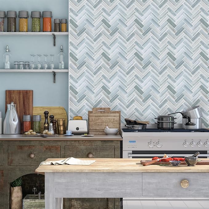 Tilingview 10PCS Peel and Stick Backsplash for Kitchen, Plastic Self-Adhesive Vinyl Gel Tile, Wall Tile for Home Decoration (Blue Gray Herringbone)