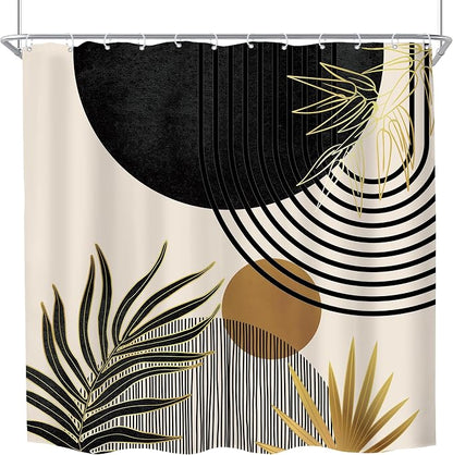 Mid Century Black Gold Boho Abstract Modern Bathroom Shower Curtain Set | 72Wx72L Green S design, waterproof HD print with fast-drying fabric and 12 hooks.