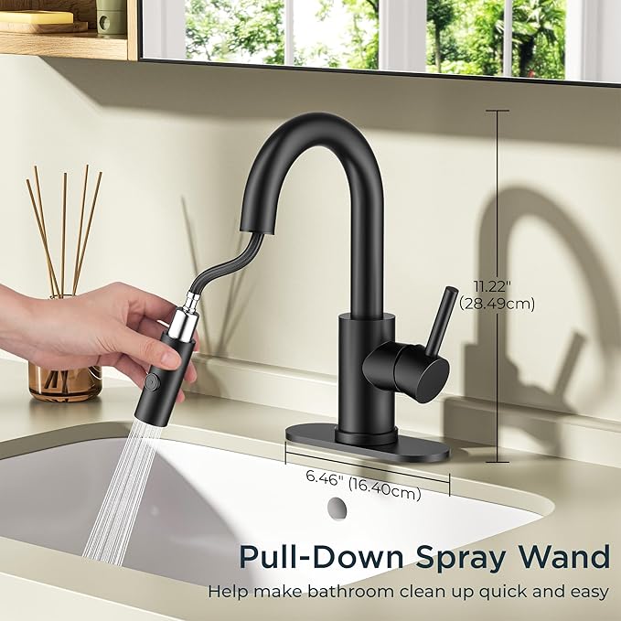 FORIOUS Matte Black Bathroom Faucet with Pull Down Sprayer, Single Hole Bar Sink Faucet 1 Hole with Pop Up Drain Hose, Suitable for Bathroom, RV,Vanity, Restroom & Utility Sink
