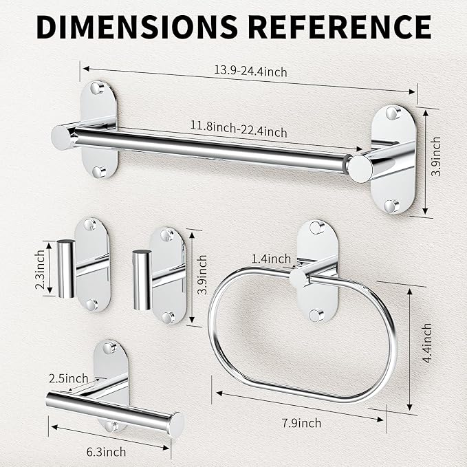 5-Piece Bathroom Hardware Set, Adhesive or Drill Wall Mount, Chrome | Adjustable Towel Bar, Toilet Paper Holder, Towel Ring, 2 Towel Hook, 304 Stainless Steel Bathroom Accessories Set
