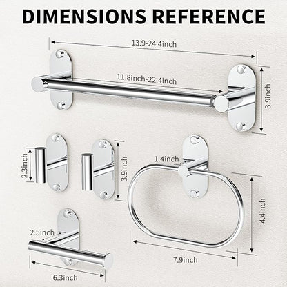 5-Piece Bathroom Hardware Set, Adhesive or Drill Wall Mount, Chrome | Adjustable Towel Bar, Toilet Paper Holder, Towel Ring, 2 Towel Hook, 304 Stainless Steel Bathroom Accessories Set