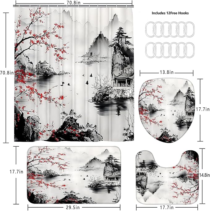 4-Piece Cherry Blossoms Shower Curtain Set Mountain Bathroom Set with Shower Curtain and Rugs, Japanese Style Bath Curtain with Hooks for Home Decor
