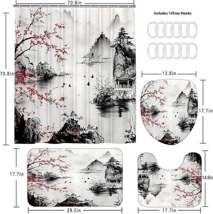 4-Piece Cherry Blossoms Shower Curtain Set Mountain Bathroom Set with Shower Curtain and Rugs, Japanese Style Bath Curtain with Hooks for Home Decor