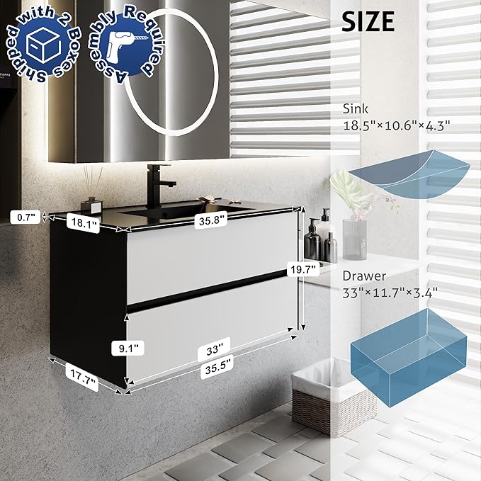 eclife 36" Bathroom Vanity Cabinet with Undermount Black Sink Combo, Wall Mounted Floating Bathroom Cabinet with Colors Mixed Style, 2 Big Drawers & Matte Black Faucet