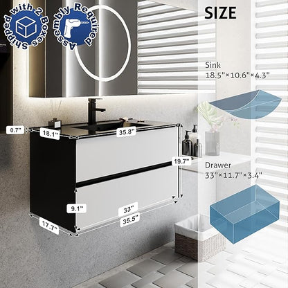 eclife 36" Bathroom Vanity Cabinet with Undermount Black Sink Combo, Wall Mounted Floating Bathroom Cabinet with Colors Mixed Style, 2 Big Drawers & Matte Black Faucet