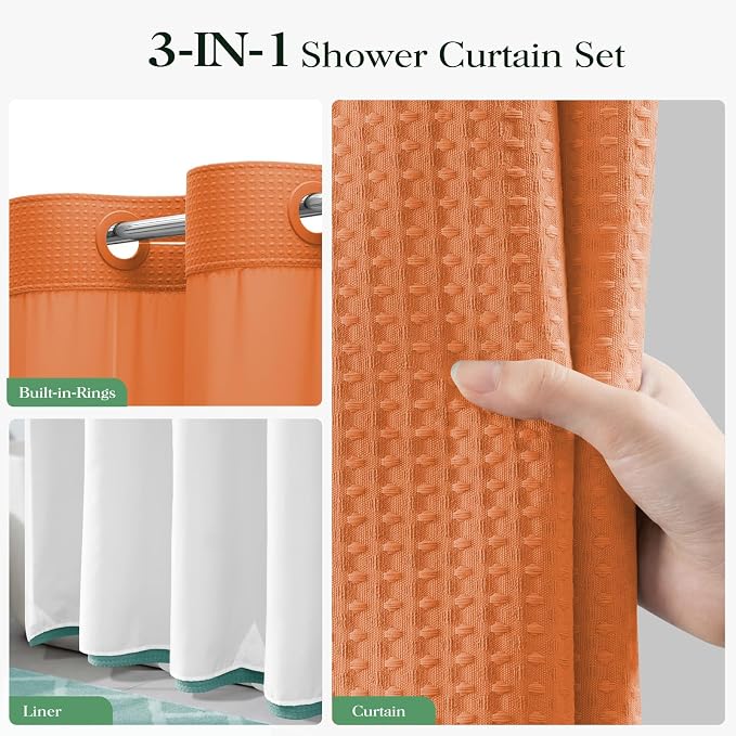 Burnt Orange Hook Free Waffle Shower Curtain & Snap-in Liner,72x75 | Less Time to install, 3 in 1 Fabric Shower Curtain and Liner Set with Magnets, Mesh Top Window, Shower Curtains for Bathroom