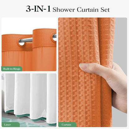 Burnt Orange Hook Free Waffle Shower Curtain & Snap-in Liner,72x75 | Less Time to install, 3 in 1 Fabric Shower Curtain and Liner Set with Magnets, Mesh Top Window, Shower Curtains for Bathroom