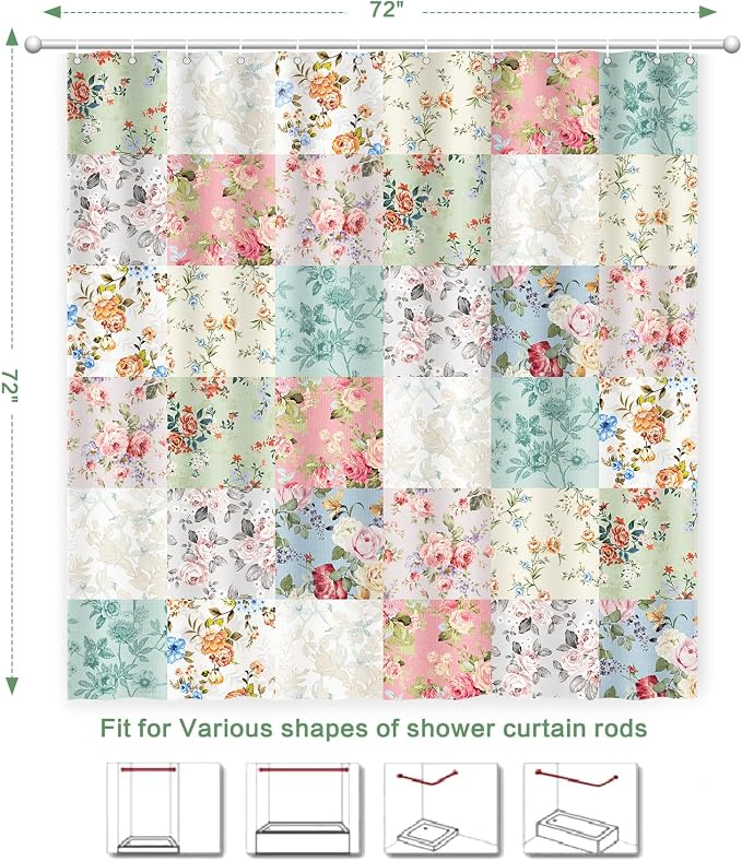 Boho Shower Curtain Patchwork Floral, Vintage Flowers Shower Curtain for Bathroom, Retro Shabby Chic Cottagecore Floral Shower Curtains Polyester Waterproof Farmhouse Decor Bath Curtains