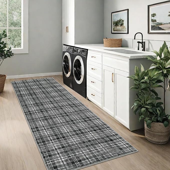 Washable Runners for Hallways 2x10 Rug Modern Bathroom Rugs Non Slip Kitchen Rugs Farmhouse Low Pile Entryway Rug Soft Stain Resistant Carpet for Laundry Hallway Bedside, 2'x10' Black&Grey