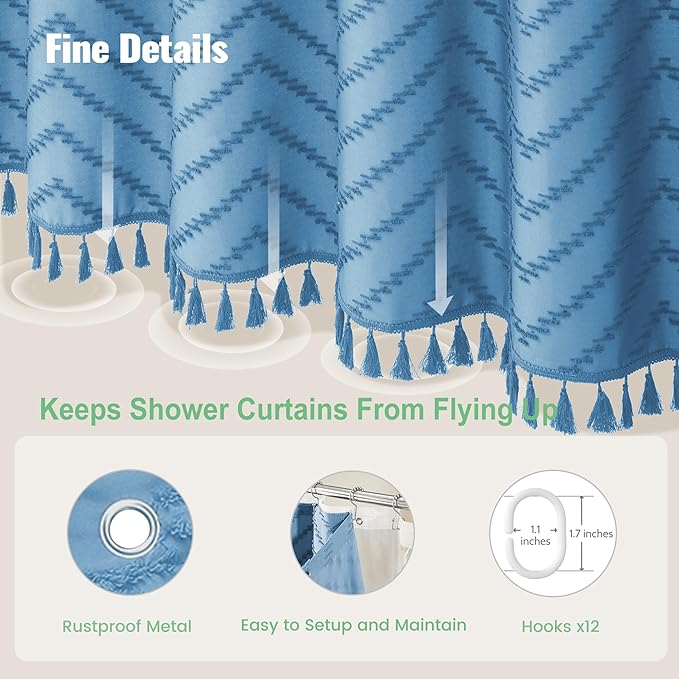 Dynamene Moonlight Blue Boho Shower Curtain and Liner Set, Farmhouse Fabric Shower Curtain and Waterproof Clear Liner, Tufted Chevron Striped Tassel Shower Curtains for Bathroom, 12 Hooks, 72x72
