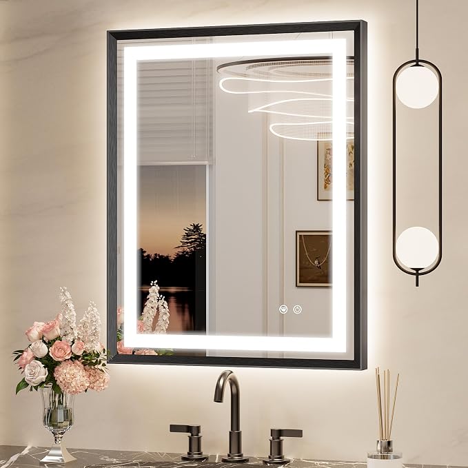 Keonjinn 24x30 Inch Black LED Bathroom Mirror with Lights, Beveled Edge | Frontlit & Backlit, Lighted Bathroom Mirror, HD Tempered Glass, 3 Color Temperatures, Anti-fog, Stepless Dimmable