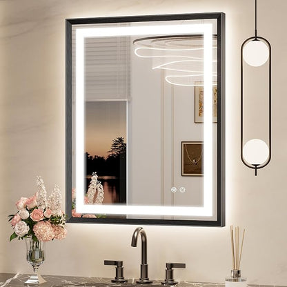 Keonjinn 24x30 Inch Black LED Bathroom Mirror with Lights, Beveled Edge | Frontlit & Backlit, Lighted Bathroom Mirror, HD Tempered Glass, 3 Color Temperatures, Anti-fog, Stepless Dimmable