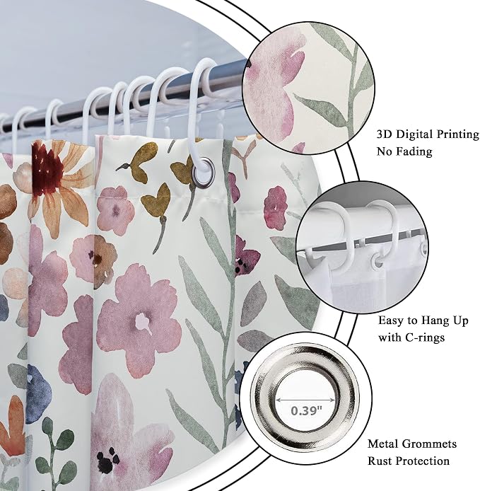 Extra Long Cute Boho Wildflower Watercolor Kids Bathroom Shower Curtain Set | 72"W x 84"H Leaves Girls; waterproof HD print, quick-dry fabric with 12 hooks for easy hanging.